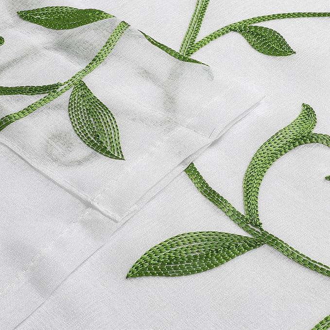 White Sheer Curtains Green Embroidered Leaves 2 Panels 54Wx108L | Light - Image 5