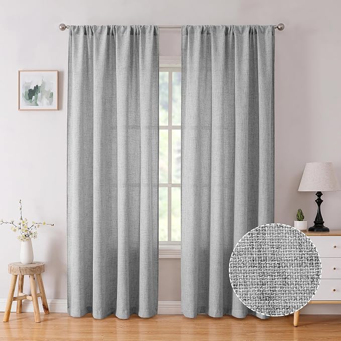 Tollpiz Linen Curtains Bedroom Rod Pocket Semi Sheer Curtain Burlap Light by Tollpiz