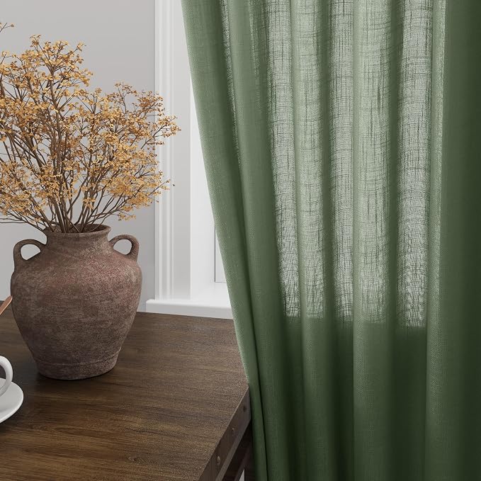 Olive Green Boho Curtains for Bedroom Back Tab Rod Pocket Semi Sheer Linen - Image 2