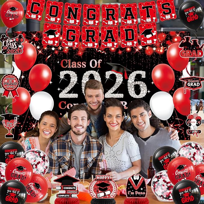 DARUNAXY Black Red Graduation Party Decorations, 2026 Congrats Grad Honeycomb - Image 7
