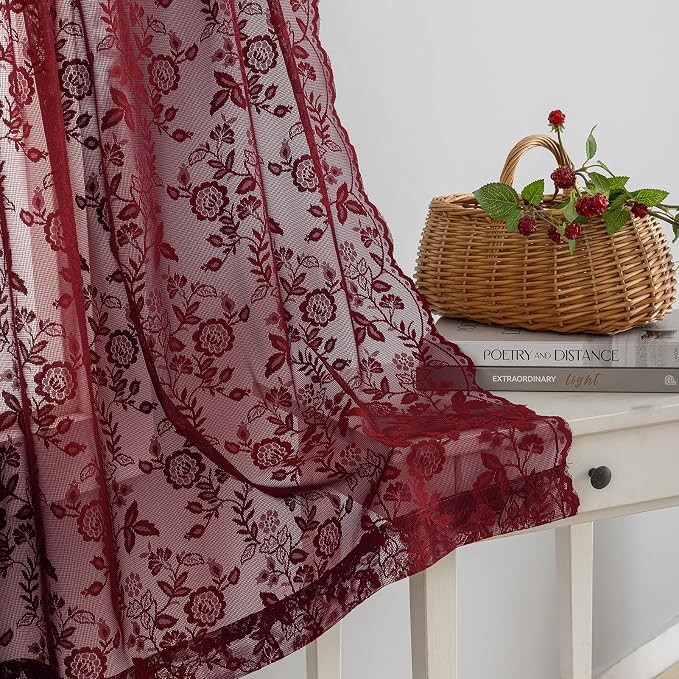 FINECITY Short Burgundy Sheer Curtains Leaf Floral W42 x L36 Inch, 2 Panels | - Image 5