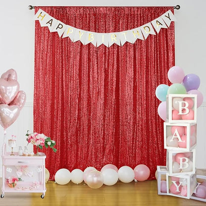 Sugargirl Red Sequin Backdrop Curtain 3 Panels 2FTx8FT Glitter Red Background - Image 2