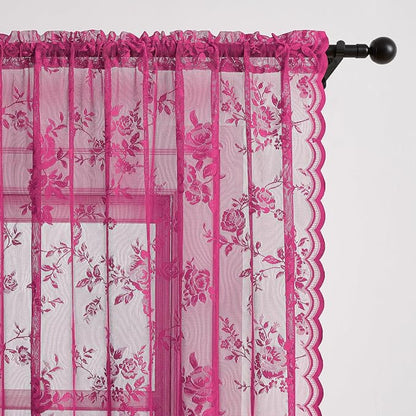 Raspberry Lace Curtains 54 Inch Length 2 Panels Rod Pocket Floral Lace Curtains - Image 4
