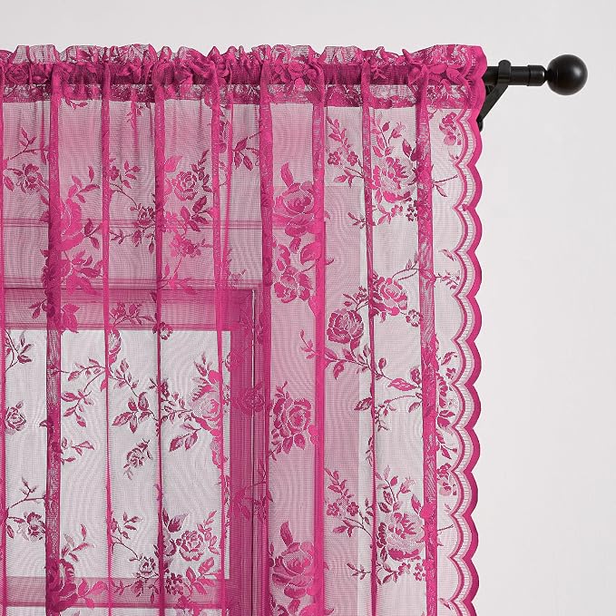 Raspberry Lace Curtains 90 Inches Long Rod Pocket Large Floral Sheer Lace - Image 3