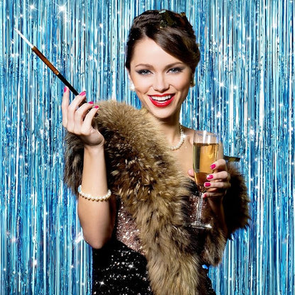 GCB 2Pack Blue Metallic Tinsel Foil Fringe Curtains, Tinsel Curtain Backdrop - Image 3