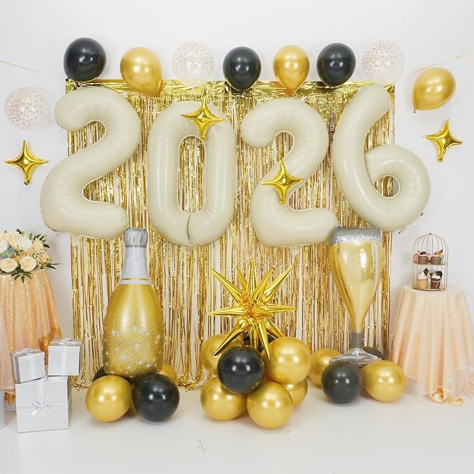 Cream White 2026 Balloons, 40 Inch Number 2026 Nude White Foil Balloons Gold - Image 3