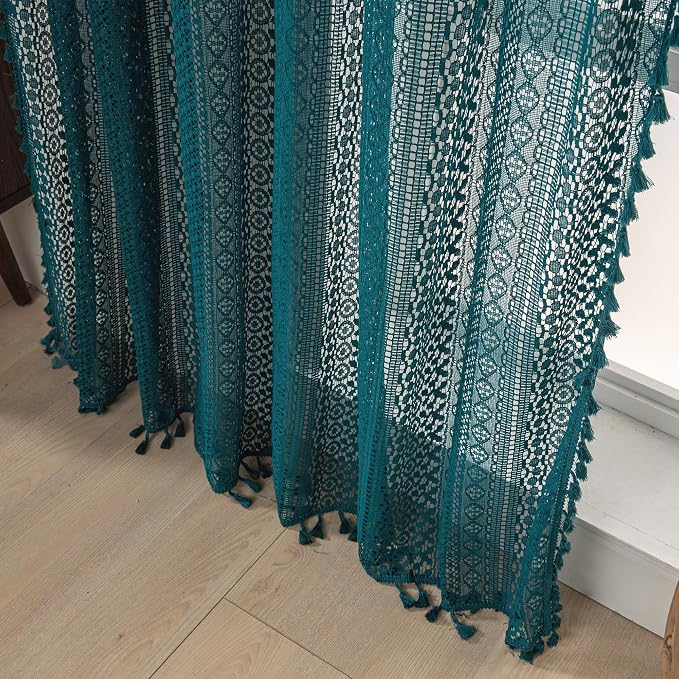 WAZZIO Boho Lace Curtains 63 Inches 2 Panel, Light Filtering Privacy Tassel & - Image 7