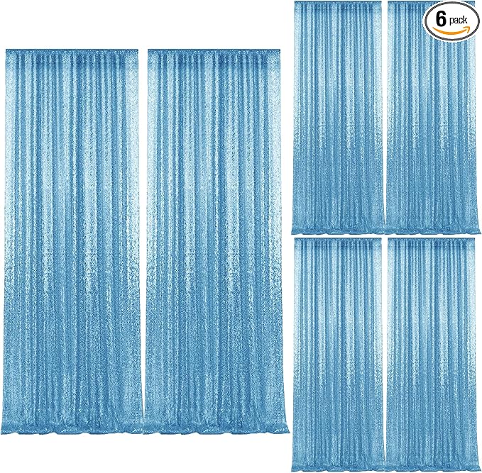 2×8FT-6PCS Blue Sequin Backdrop Curtains Panels, Photography Backdrop Glitter by Pufogu