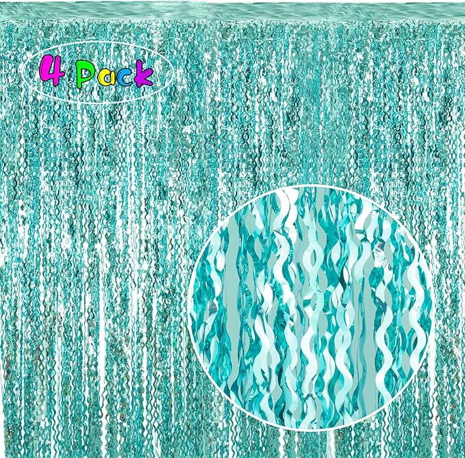 4 Pack 3.3 ft x 6.6 ft Wavy Aqua Teal Blue Tinsel Foil Fringe Curtains Backdrop by KEEUH