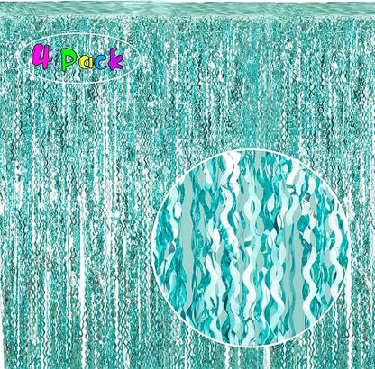 4 Pack 3.3 ft x 6.6 ft Wavy Aqua Teal Blue Tinsel Foil Fringe Curtains Backdrop by KEEUH