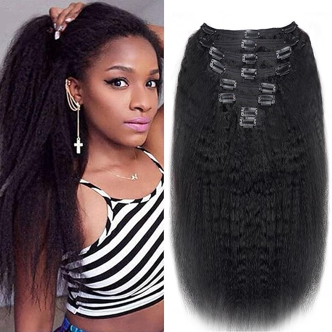 Clip in Hair Extensions Real Human Hair Clip ins Double Weft Kinky Straight Clip ins for Women 120g 8pcs Clip on Hair Extensions Human Hair (18 Inch)