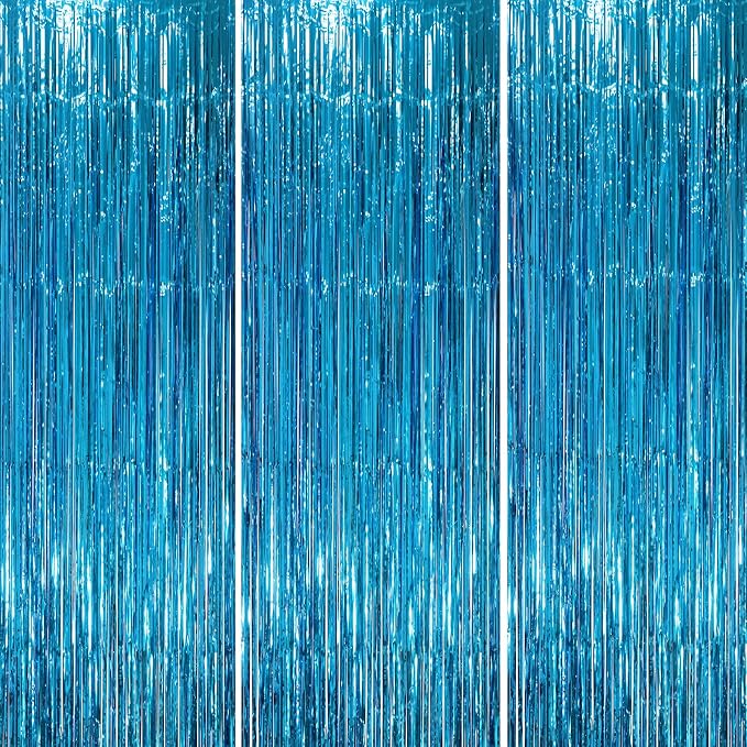 Voircoloria Retro Blue Foil Fringe Backdrop Curtains, 3 Pack | Tinsel Streamers by Voircoloria