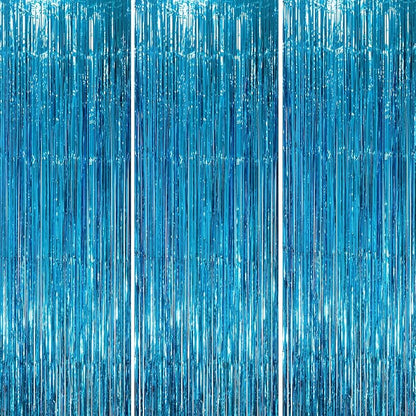 Voircoloria Retro Blue Foil Fringe Backdrop Curtains, 3 Pack | Tinsel Streamers by Voircoloria