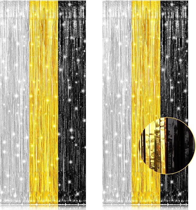 PIGETALE, 2 Pack 3.2x8.2 Feet Silver Black and Gold Tinsel Foil Fringe Curtains by welcomePIGETALE
