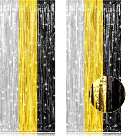 PIGETALE, 2 Pack 3.2x8.2 Feet Silver Black and Gold Tinsel Foil Fringe Curtains by welcomePIGETALE