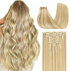 GOO GOO Clip in Hair Extensions Real Human Hair, Remy Human Hair Extensions Clip ins for Women, Natural Human Hair, 14inch 130g 9Pcs, 18D/22F Dirty Blonde Highlights