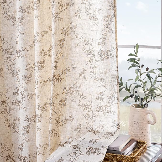 Taupe Vintage Floral Linen Curtains Farmhouse 38W X 84L 2 Panels | Elisa Series - Image 5