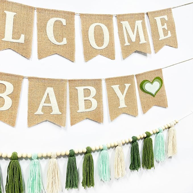 Baby Shower Burlap Pennant Banner Flag Felt Welcome Baby Sign Ombre Sage Green - Image 5