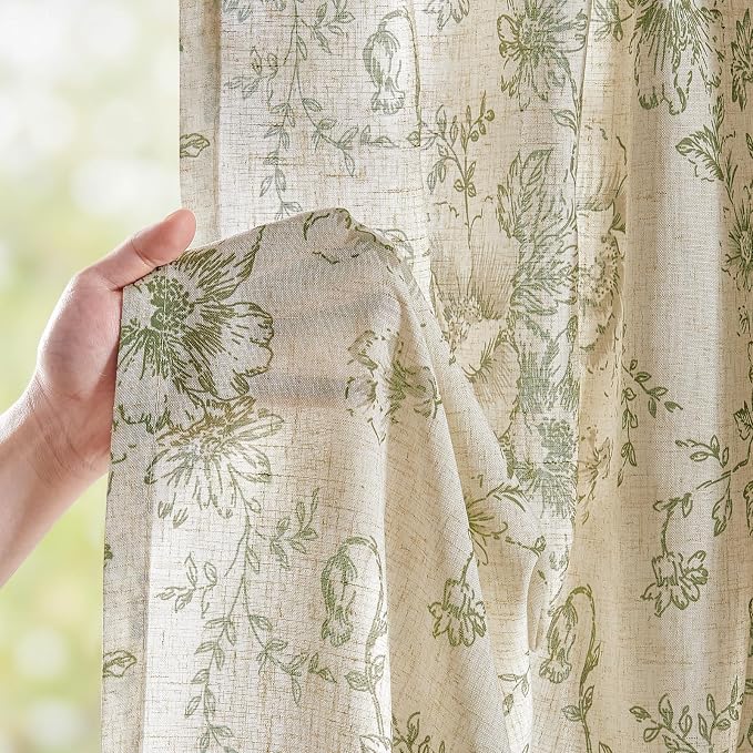 jinchan Green Floral Linen Curtains 84 Inch Vintage Back Tab 2 Panels | Light - Image 2