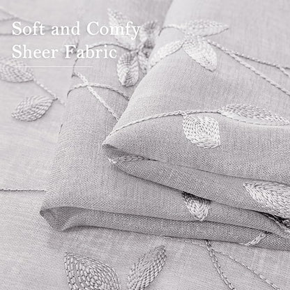 HOMEIDEAS Grey Sheer Curtains 2 Panels, Embroidered Vine Leaf, W52xL63 | Faux - Image 5