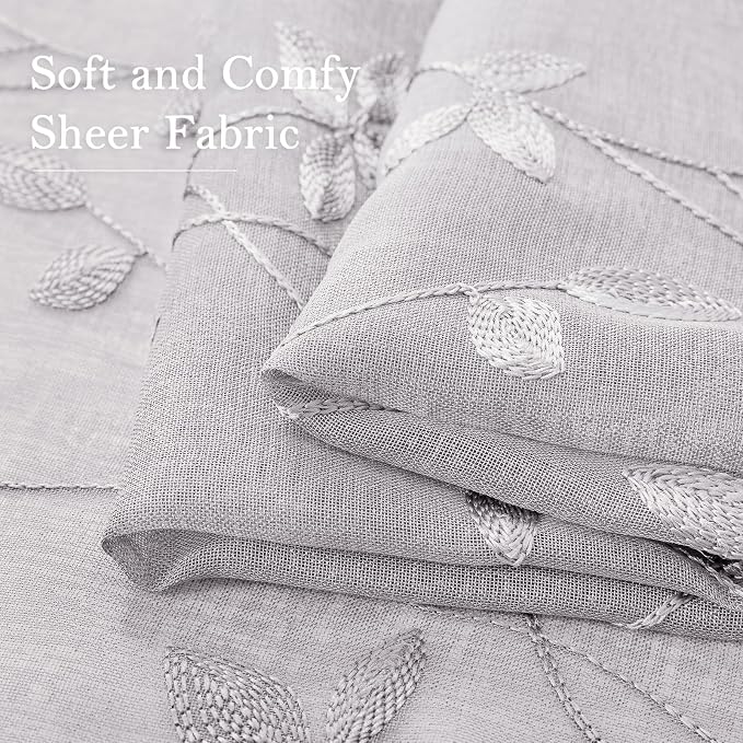 HOMEIDEAS Light Grey Sheer Curtains W52 x L96, Embroidered Vine Leaf | 2 Panels - Image 5
