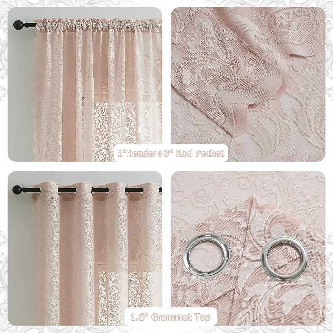 Bujasso Pink Lace Sheer Curtains 108 inch Vintage Floral Sheer Window Curtain - Image 4