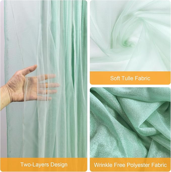 Tulle Backdrop Curtain with Lights Green Sheer Curtains Backdrop 10x10ft | - Image 3