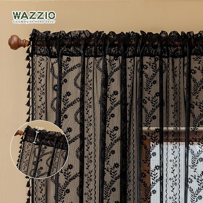 WAZZIO Boho Lace Curtains 63 Inch -Vintage Victorian Sheer Panel Drape Floral - Image 6