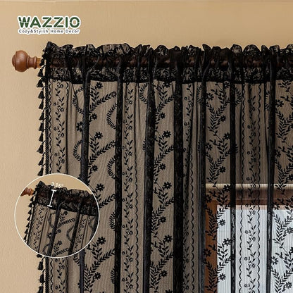 WAZZIO Boho Lace Curtains 84 Inch -Vintage Victorian Sheer Panel Drape Floral - Image 6