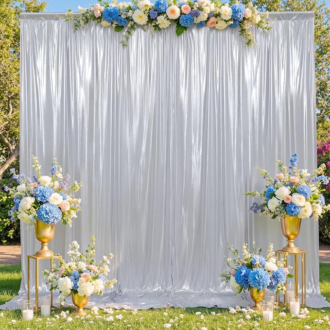 gogoparti Silver Backdrop Curtain 5x12FT 1 Panel Metallic Shine Fabric by Gogoparti