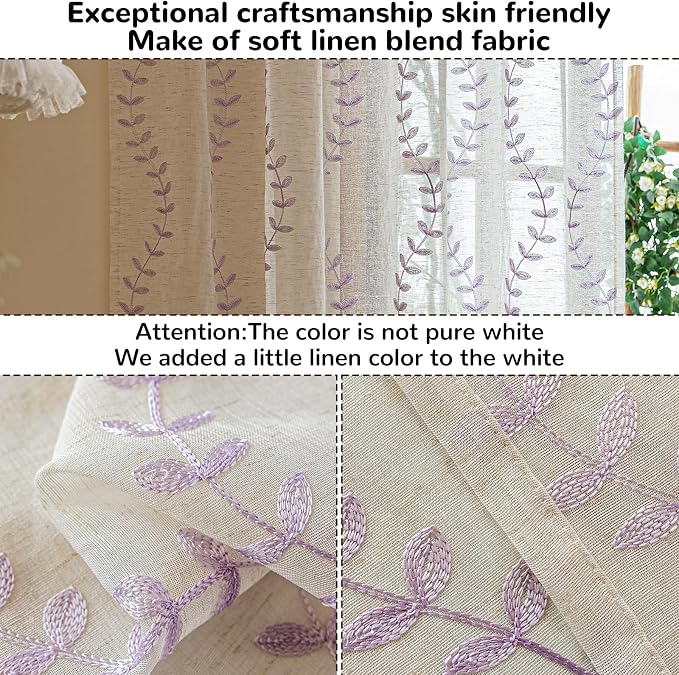 2 Panels Linen Leaf String Floral Embroidered Semi Sheer Curtain Farmhouse - Image 4