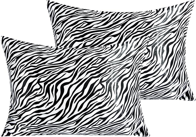 NTBAY 2 Pack Satin Standard Pillowcases for Hair and Skin, Luxurious and Silky Zebra Printed Pillow Cases with Envelope Closure, 20x26 Inches, Black and White