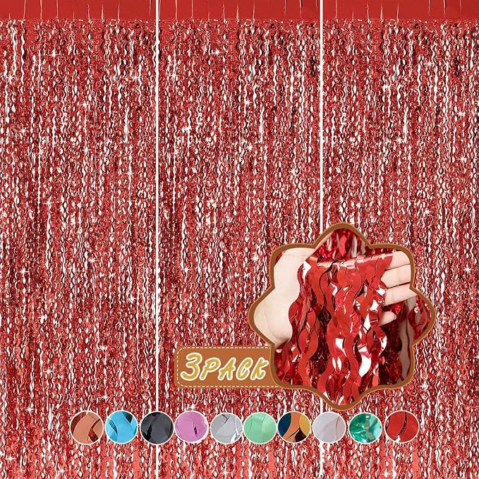 CYLMFC 3 Pack Red Aluminium Foil Curtains, 3.3ft x 6.6ft, Wavy Shape, by CYLMFC