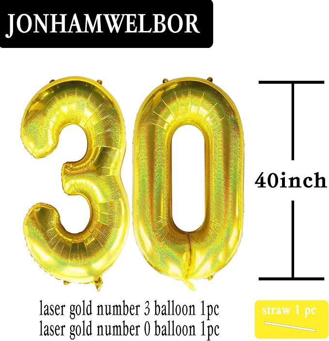 Jonhamwelbor 40 Inch Laser Gold 30 Balloon Numbers Foil Mylar Giant Balloon - Image 2