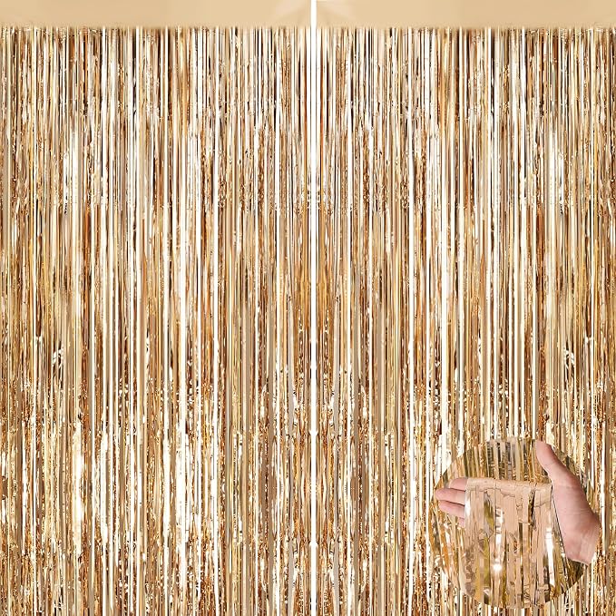 Champagne Gold Metallic Tinsel Foil Fringe Curtains, 2 Pack 3.3x8.3 Feet Party by NUWDHP