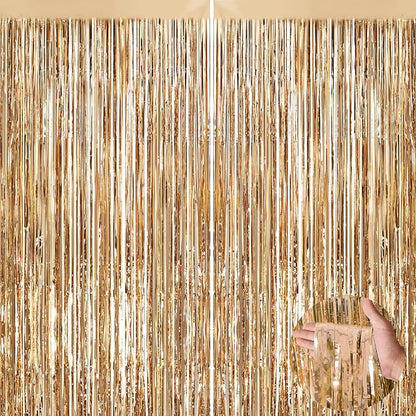 Champagne Gold Metallic Tinsel Foil Fringe Curtains, 2 Pack 3.3x8.3 Feet Party by NUWDHP