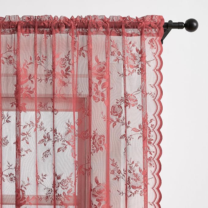 Coral Lace Curtains 80 Inch Length 2 Panels Rod Pocket Romantic Floral Lace - Image 4