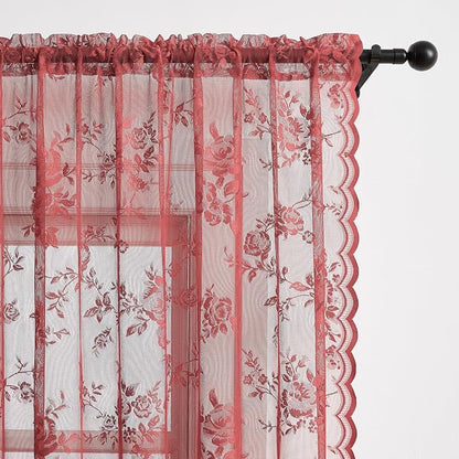 Coral Lace Curtains 80 Inch Length 2 Panels Rod Pocket Romantic Floral Lace - Image 4