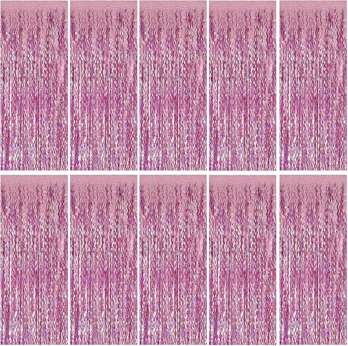 Pink Tinsel Foil Fringe Curtains Wavy Backdrop by BOMSI