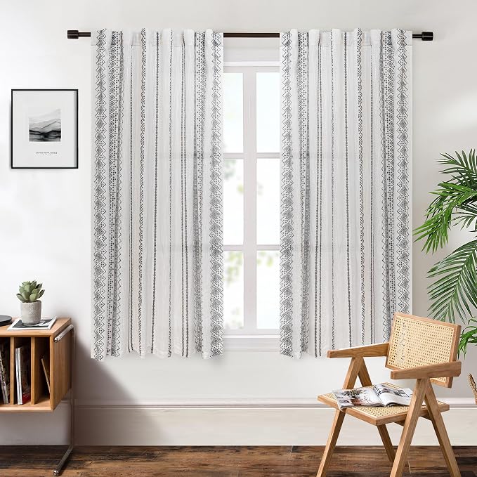 Curtains 63 Inches Long for Living Room Geometric Light Filtering Cotton Back - Image 2