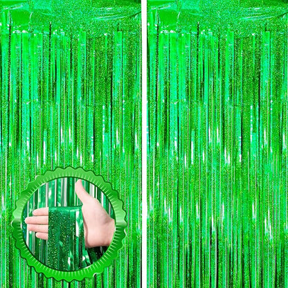 Voircoloria Laser Green Foil Fringe Backdrop Curtains, 2 Pack | Tinsel Streamers by Voircoloria