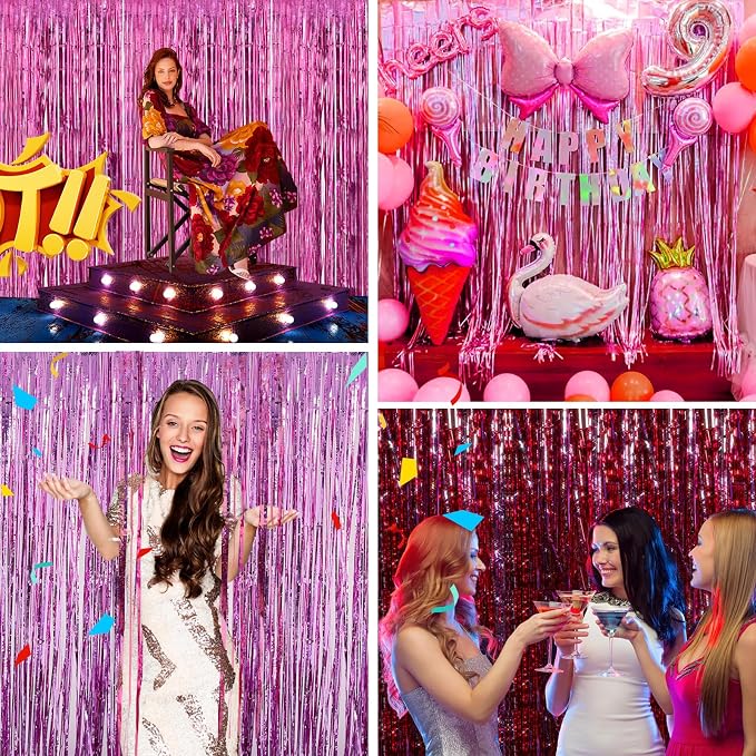 JINSUI Pink Fringe Backdrop 3.3x8.2ft, 2 Pack Foil Tinsel Curtains Decor | - Image 4