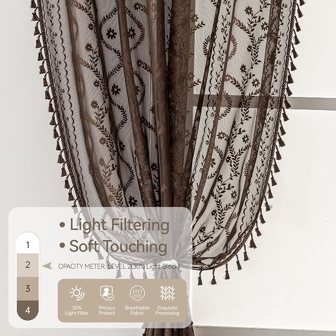 WAZZIO Boho Lace Curtains 2 Panels 84 Inch -Victorian Sheer Panel Drape French - Image 5