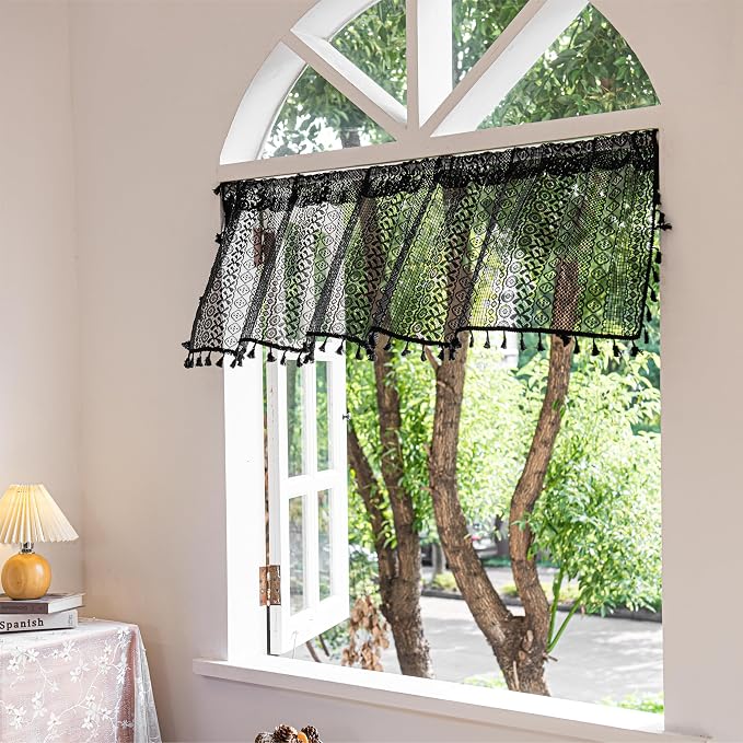 Sutuo Home Black Boho Valance Curtains Crochet Lace Sheer Bohemian Hollow - Image 4