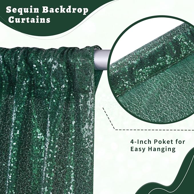 Green Sequin Backdrop Curtains 4 Pcs 2ftx8ft Glitter Shimmer Fabric | Sparkly - Image 2