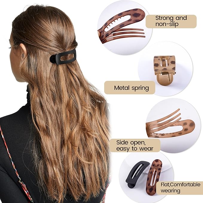 8 Pcs Large Lay Flat Claw Clips for Women French Side Slide Barrettes for Thin Fine Hair Rectangle Alligator Hair Accessories,Matte Black Tortoiseshell