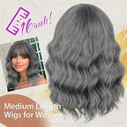 Nnzes Wig Bangs Dark Salt and Pepper Short Wavy Hair for Women Natural Looking Heat Resistant Bob Wigs with Synthetic Wig for Daily Party Use