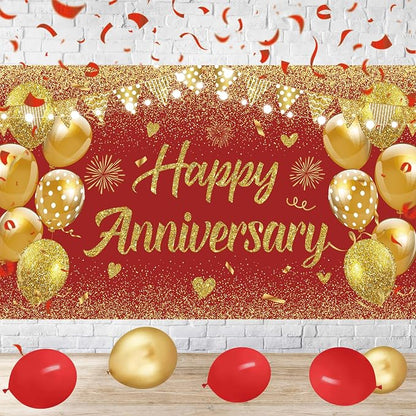 Wedding Anniversary Banner Red Gold Happy Decorations - Image 4