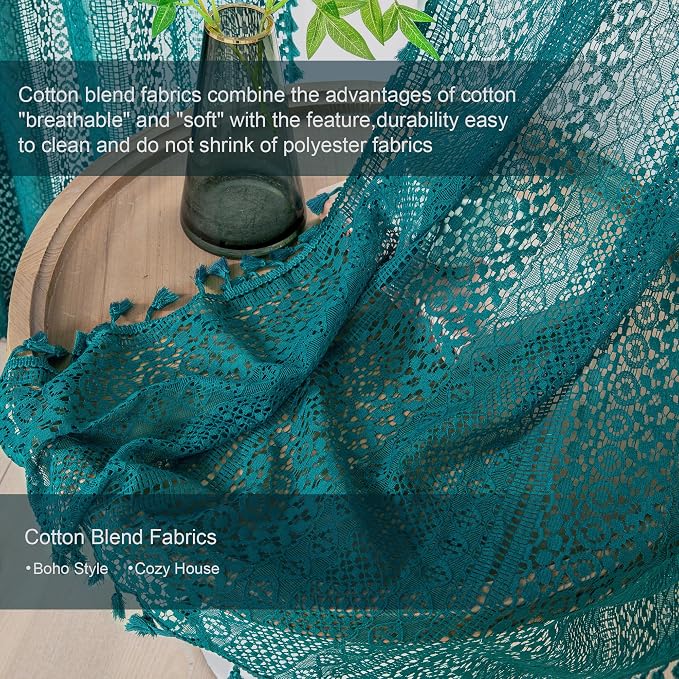WAZZIO Boho Lace Curtains 72 Inches 2 Panel, Light Filtering Privacy Tassel & - Image 3