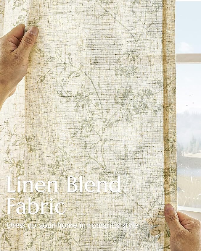 jinchan Green Floral Linen Curtains 96 Inch Farmhouse Back Tab 2 Panels | - Image 3